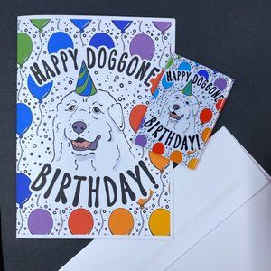 Great Pyrenees Rainbow Birthday Gift Set, Handmade 5x7" Card & 2x3" Magnet